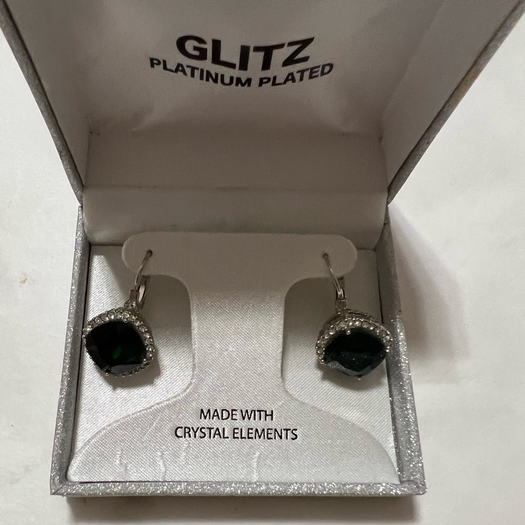 Platinum Plated Beautiful Glitz Brand Black Crystal Earring New In Box